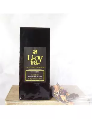 Boîte noire de thé Li-Oy Tea Rooibos,  L'excellence du thé bio, ingrédients noisette-coco, emballage élégant.