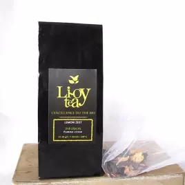 Sac noir d'Infusion bio Citron Pomme, emballage élégant avec logo Li-Oy tea et sachet  à côté, emballage bio.