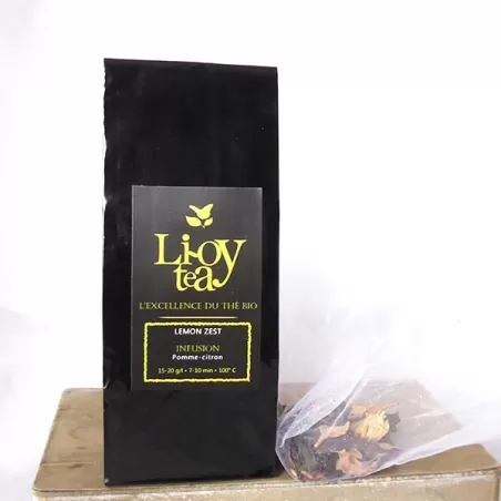 Sac noir d'Infusion bio Citron Pomme, emballage élégant avec logo Li-Oy tea et sachet  à côté, emballage bio.