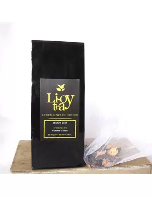 Sac noir d'Infusion bio Citron Pomme, emballage élégant avec logo Li-Oy tea et sachet  à côté, emballage bio.