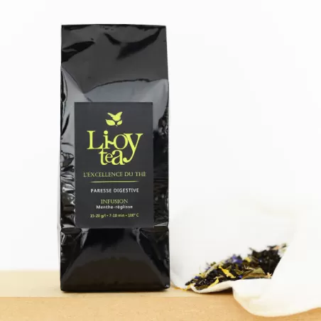 Sac noir de thé en infusion “LiOy tea” L’Excellence du Thé, sachet Paresse Digestive Menthe-réglisse, idéal pour aier à bien dig