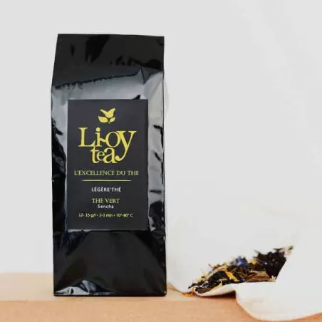 Paquet noir de thé Li-Oy Tea avec du thé vert Sencha bio non aromatisé