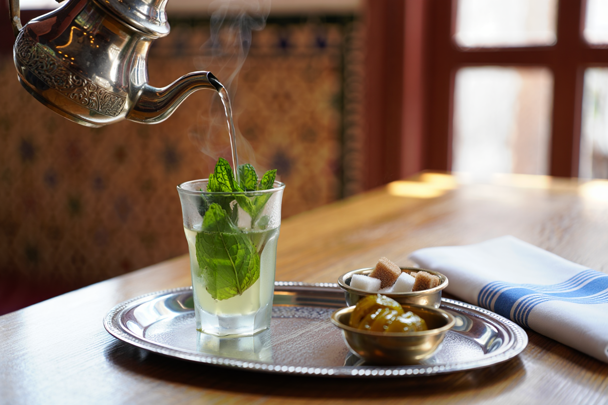 Service traditionnel du thé marocain avec théière émaillée et verres décorés sur plateau