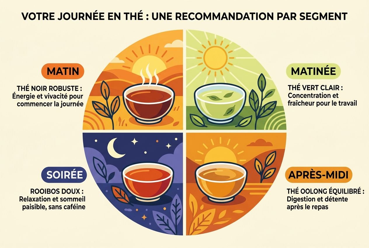 Alt: Diagramme circulaire illustrant quatre moments de la journée avec des tasses de thé; Matin, Matinée, Après-midi et Soirée, et leurs caractéristiques. intégré: comment bien choisir son thé.