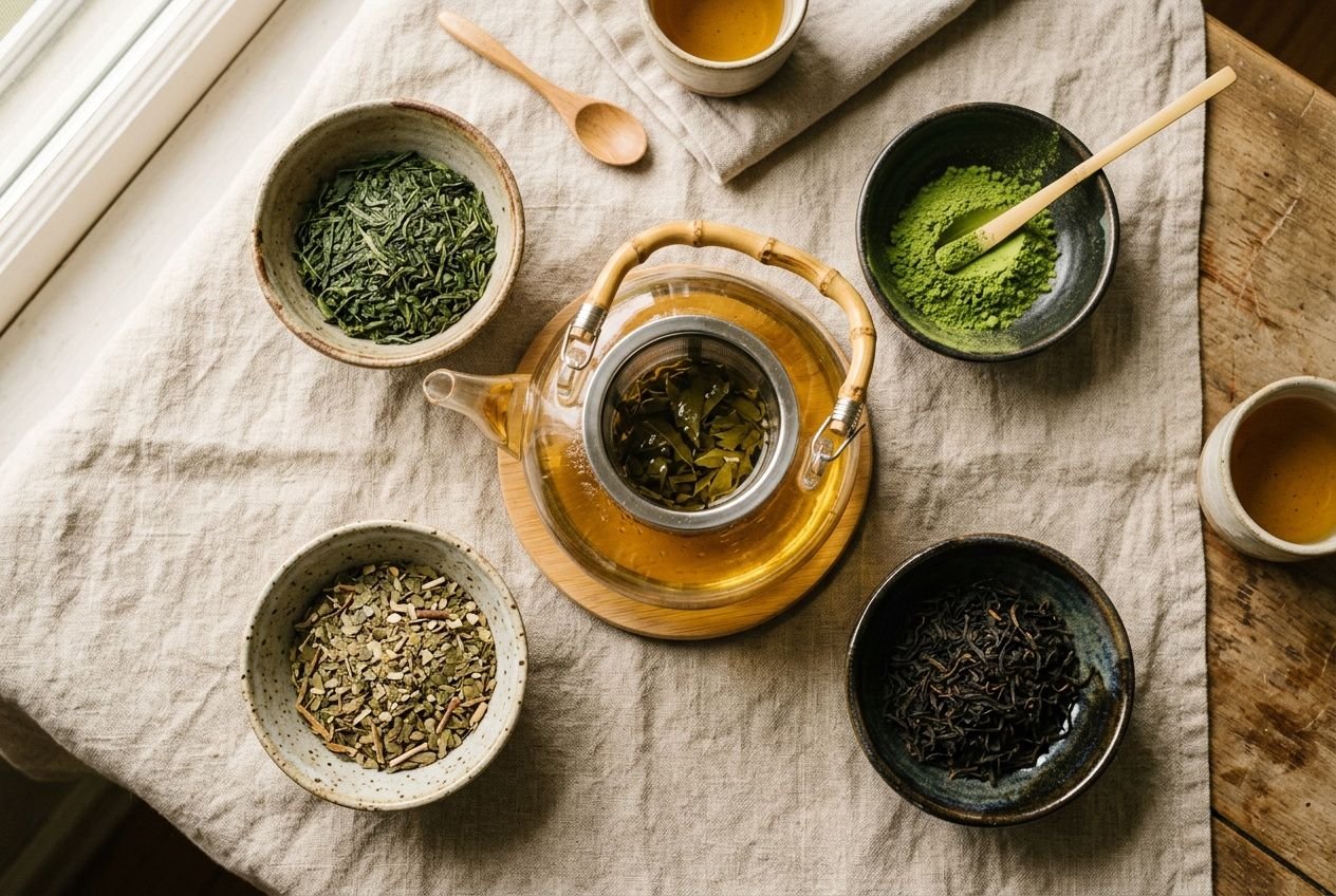 Assortiment de tisanes et thés bio autour d’une théière, avec feuilles vertes et infusions en bols, ambiance naturelle pour thé bio contre fatigue