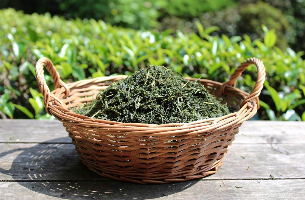 Panier de feuilles de thé bio fraîchement cueillies sur une table en bois dans un jardin français.