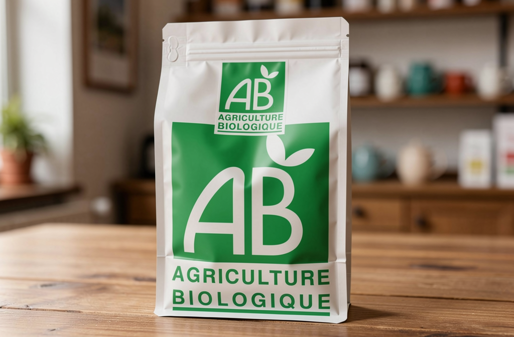 Label AB Agriculture Biologique sur un paquet de thé bio français dans une boutique spécialisée
