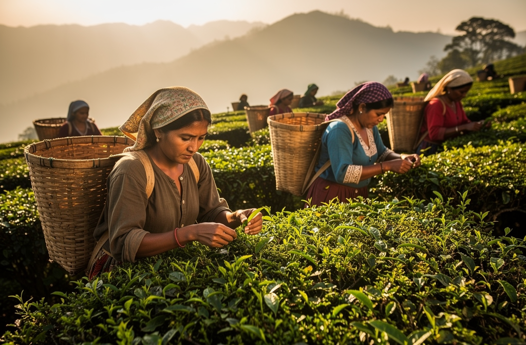 Cueilleurs récoltant délicatement les jeunes feuilles de thé en terrasses himalayennes