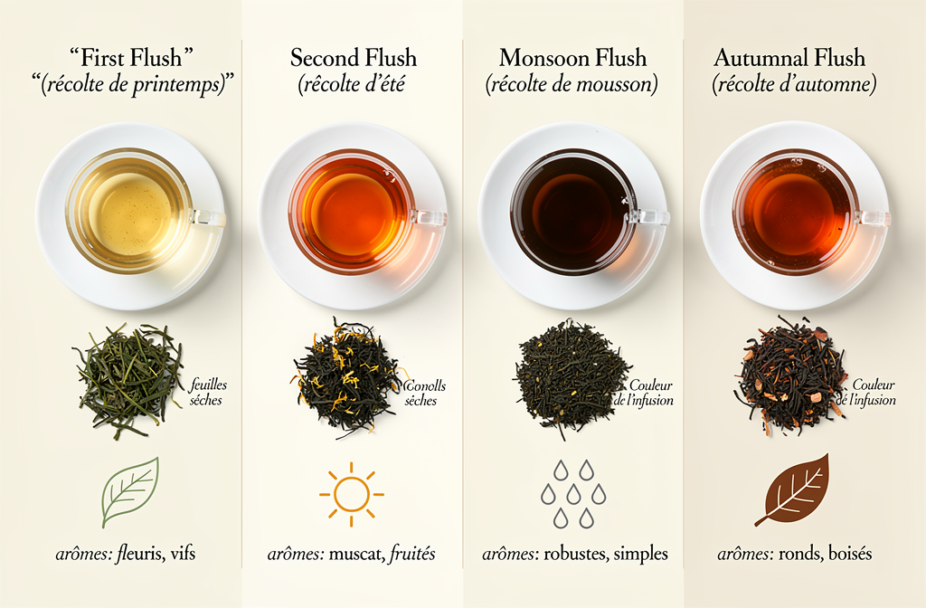 Feuilles de thé Darjeeling first flush dorées et second flush bronzées côte à côte