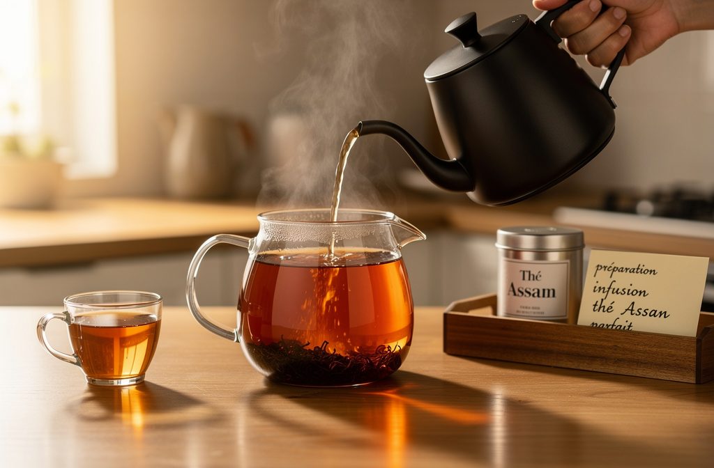 Tasse de thé noir Assam couleur ambre riche préparation