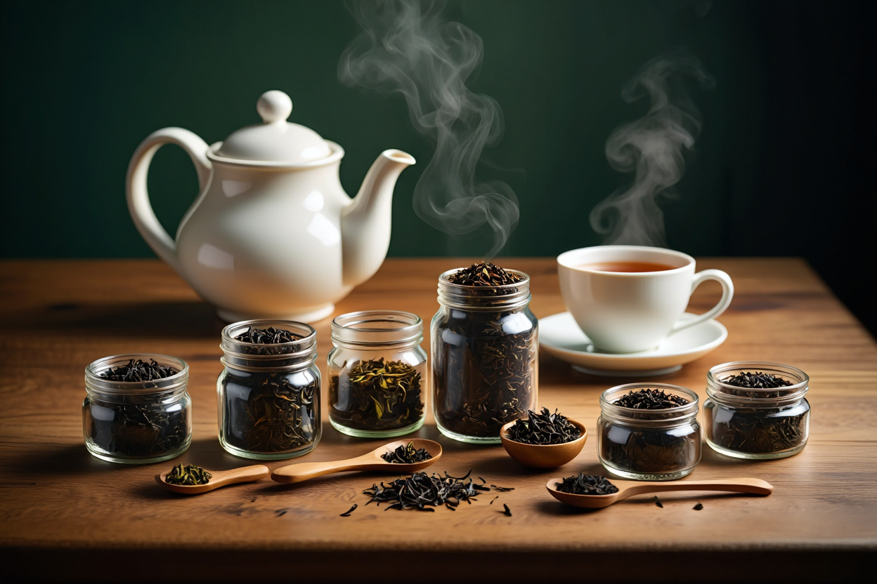 Sélection de différentes variétés de thé noir en feuilles entières