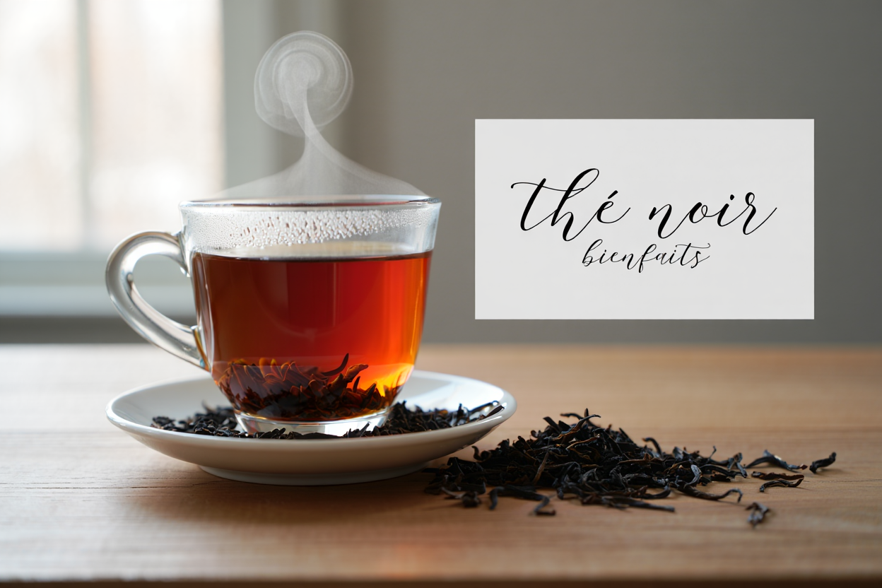 Tasse de thé noir riche en caféine stimulant la concentration