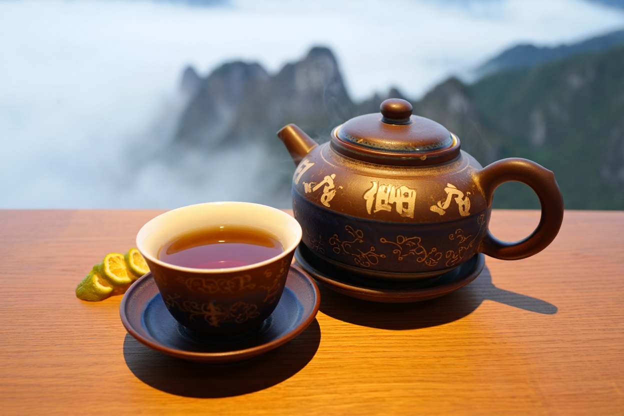 Plantation de thé noir en montagne avec brume matinale