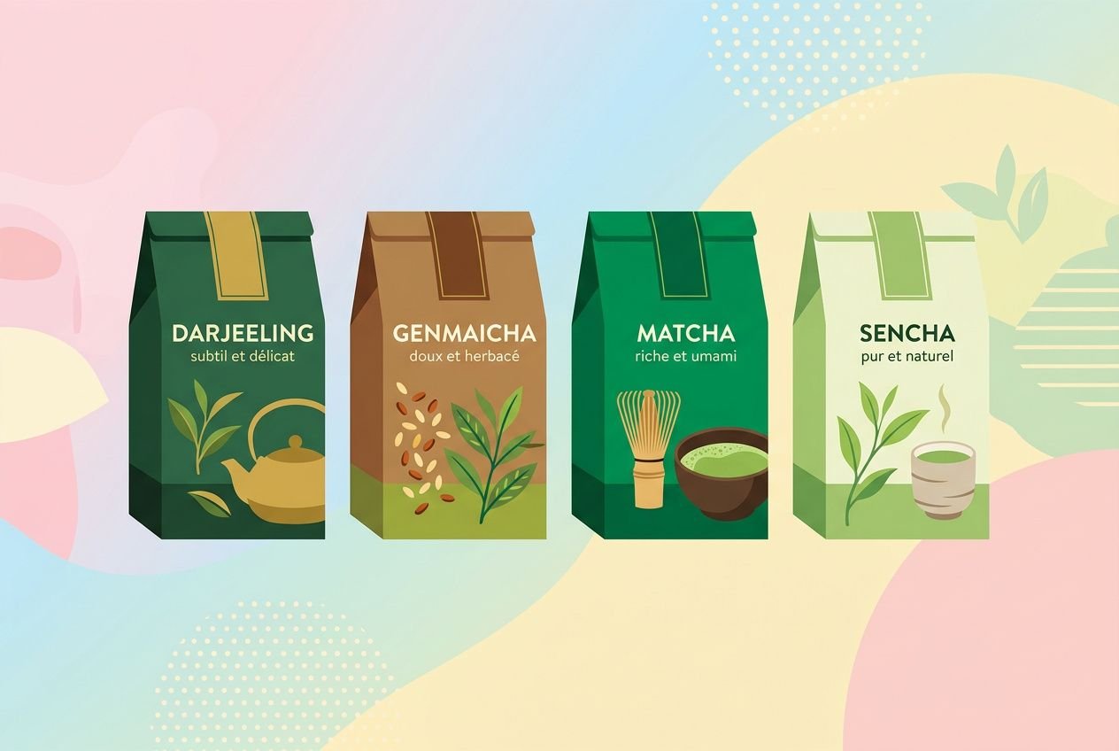 Boîtes de thé vert illustrées (Darjeeling, Genmaicha, Matcha, Sencha) sur fond pastel, représentant des variétés et infusions. Exemple d’articles pour améliorer le goût du thé vert.