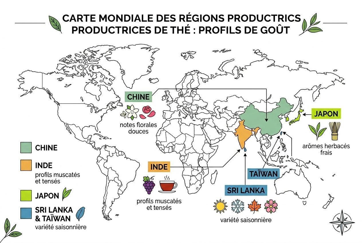 Carte montrant l’influence du terroir sur le goût du thé par région (Chine, Inde, Japon, Sri Lanka & Taïwan) avec des arômes et profils variés.