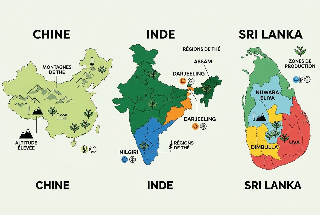 Carte des pays producteurs de thé: Chine, Inde et Sri Lanka avec régions et altitudes illustrées.