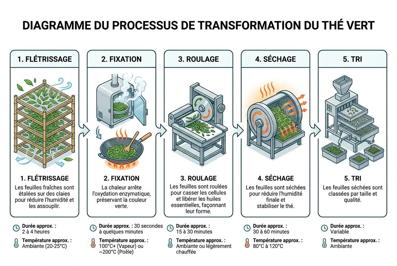 Diagramme illustrant les différentes étapes de fabrication du thé vert: flétrissage, fixation, roulage, séchage et tri.