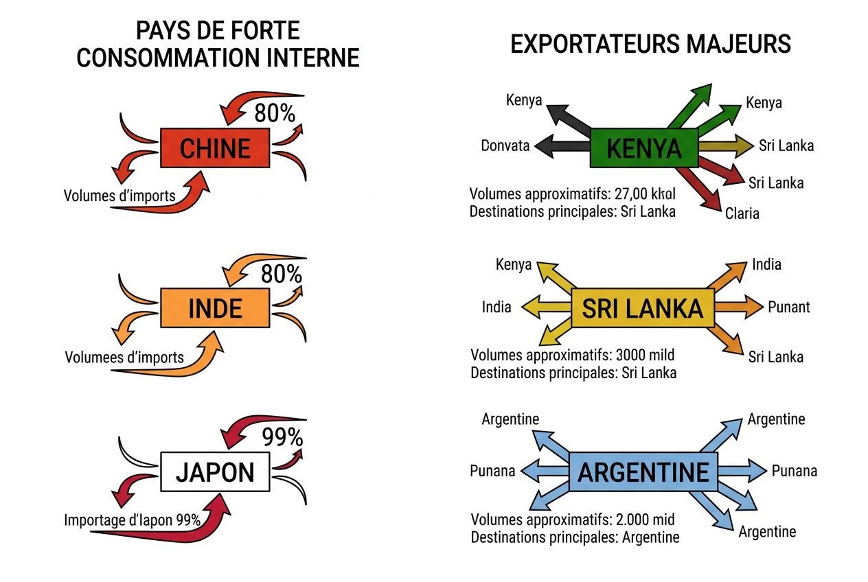 Diagramme montrant les 10 premiers pays producteurs de thé: Chine, Inde, Sri Lanka, Kenya et Argentine avec flèches et données d’import/volume.