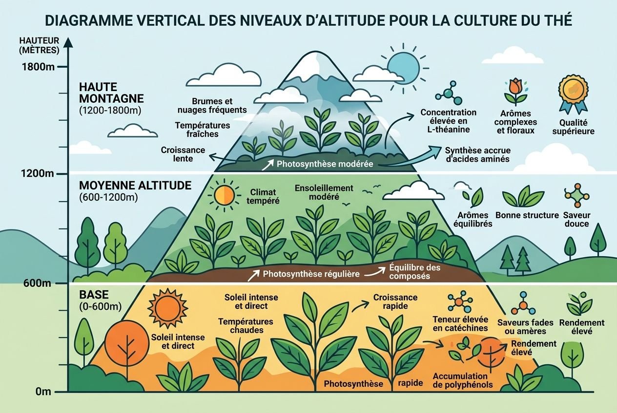 Diagramme vertical montrant les niveaux d’altitude pour la culture du thé, allant de la base à la haute montagne, avec soleil, plants, et flèches indiquant photosynthèse, croissance et arômes; inclut zones moyenne et haute altitude et leurs effets sur le goût du thé. influence du terroir sur le goût du thé.