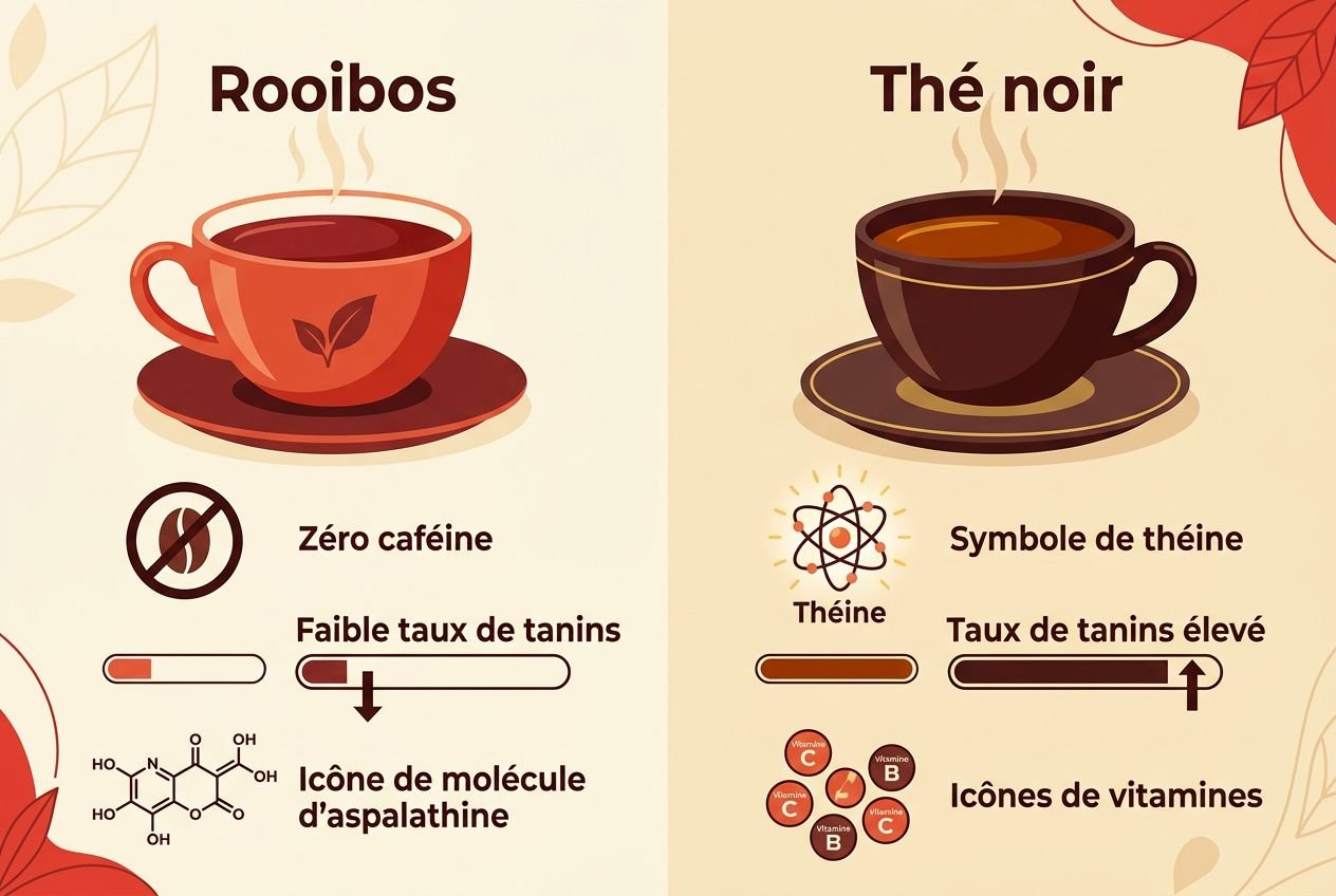 Différence rooibos et tisane : infographie montrant rooibos rouge sans caféine et thé noir avec symbole de théine, accompagnée d’icônes de vitamines et d’analyses moléculaires.