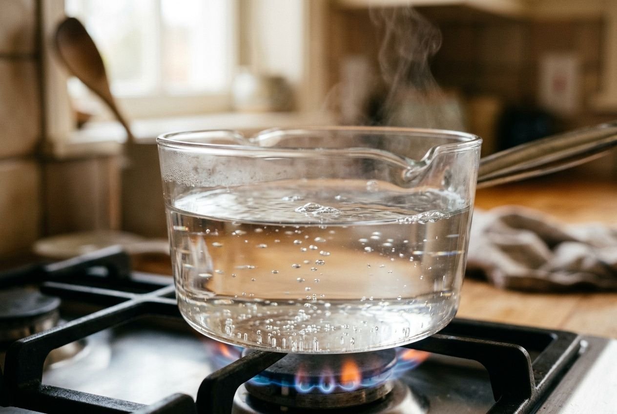 Eau frémissante dans une petite casserole sur une flamme de gaz, sur une cuisinière domestique. Alt: démonstration pour comprendre comment savoir si l'eau est à 80 degrés sans thermomètre.