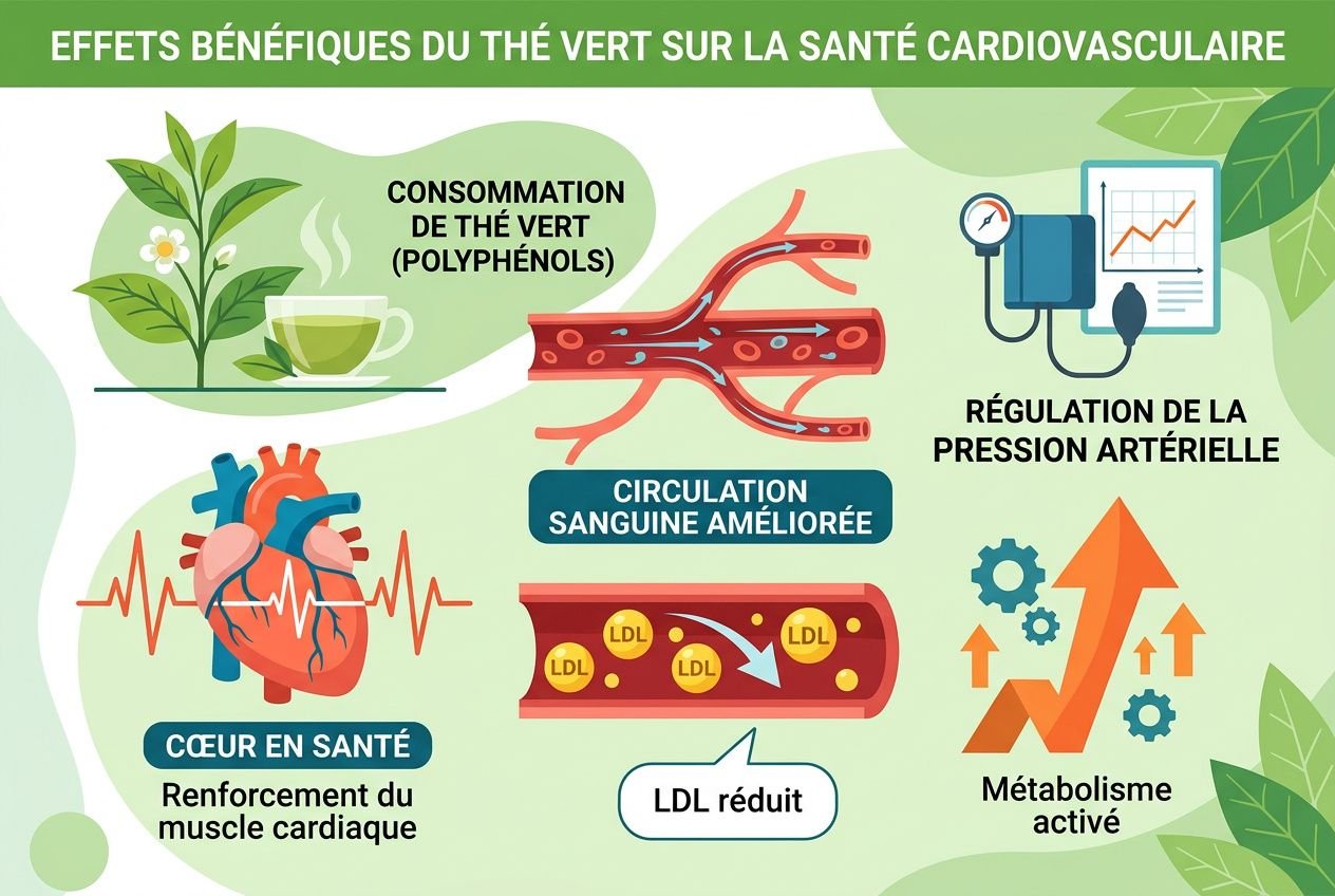 Effets bénéfiques du thé vert sur la santé cardiovasculaire: illustration montrant consommation de thé, circulation sanguine améliorée, cœur en santé, LDL réduit, régulation de la pression, métabolisme activé et énergie. Pourquoi le thé vert est bon pour la santé.