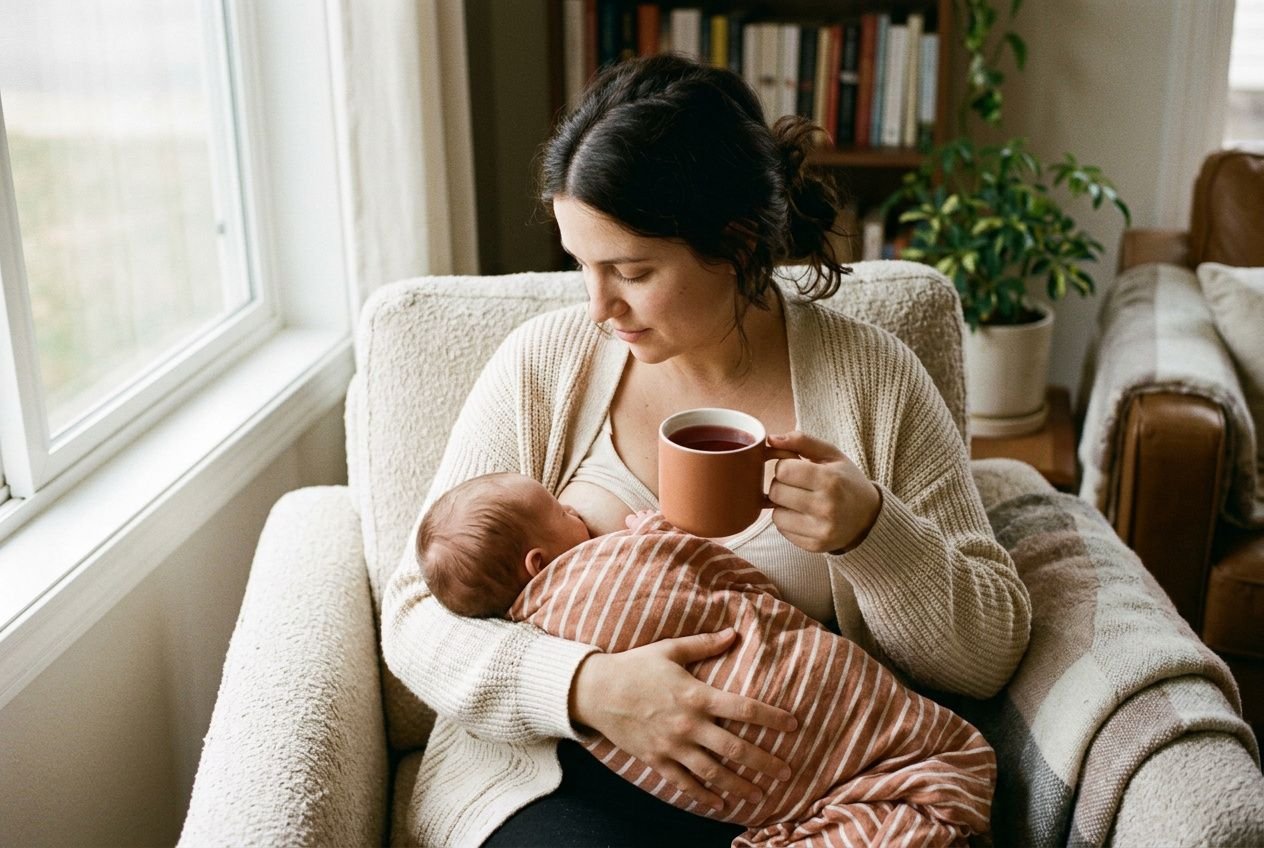 Femme allaitant son bébé endormi sur le canapé, tenant une tasse de tisane rooïbos.