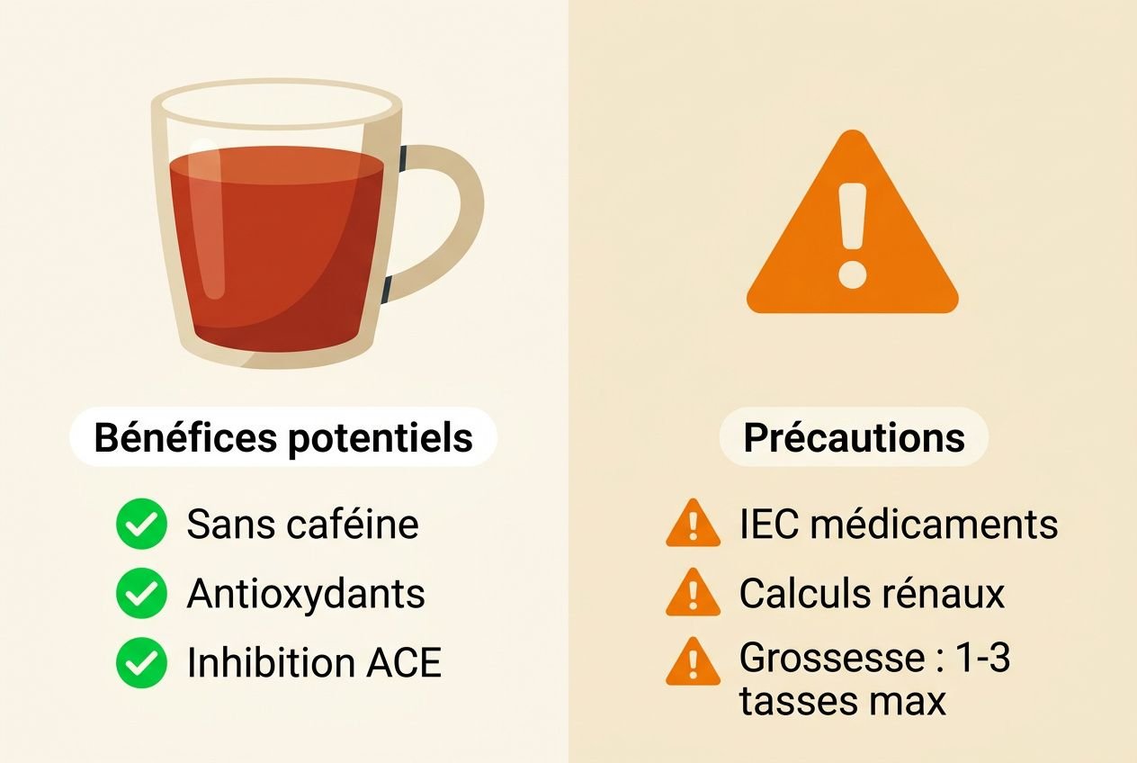 Glace de rooibos et hypertension: illustration montrant des éléments sur les bienfaits potentiels et les précautions liées au rooibos, mettant en avant l’inhibition ACE et les risques potentiels.