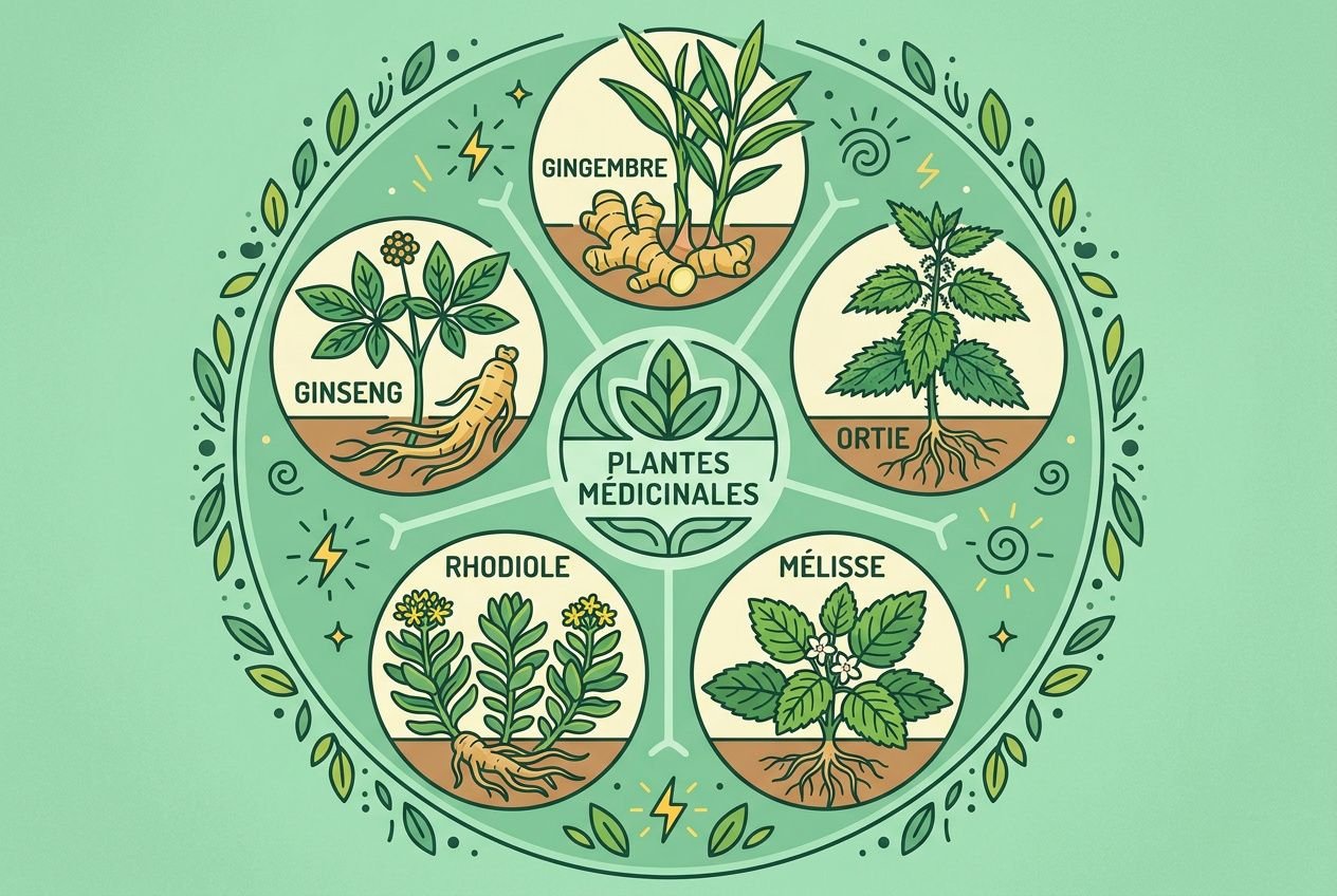Illustration circulaire de plantes médicinales comme gingembre, ginseng, orite, rhodiole et mélisse, centrée sur “Plantes médicinales” pour thé contre fatigue.