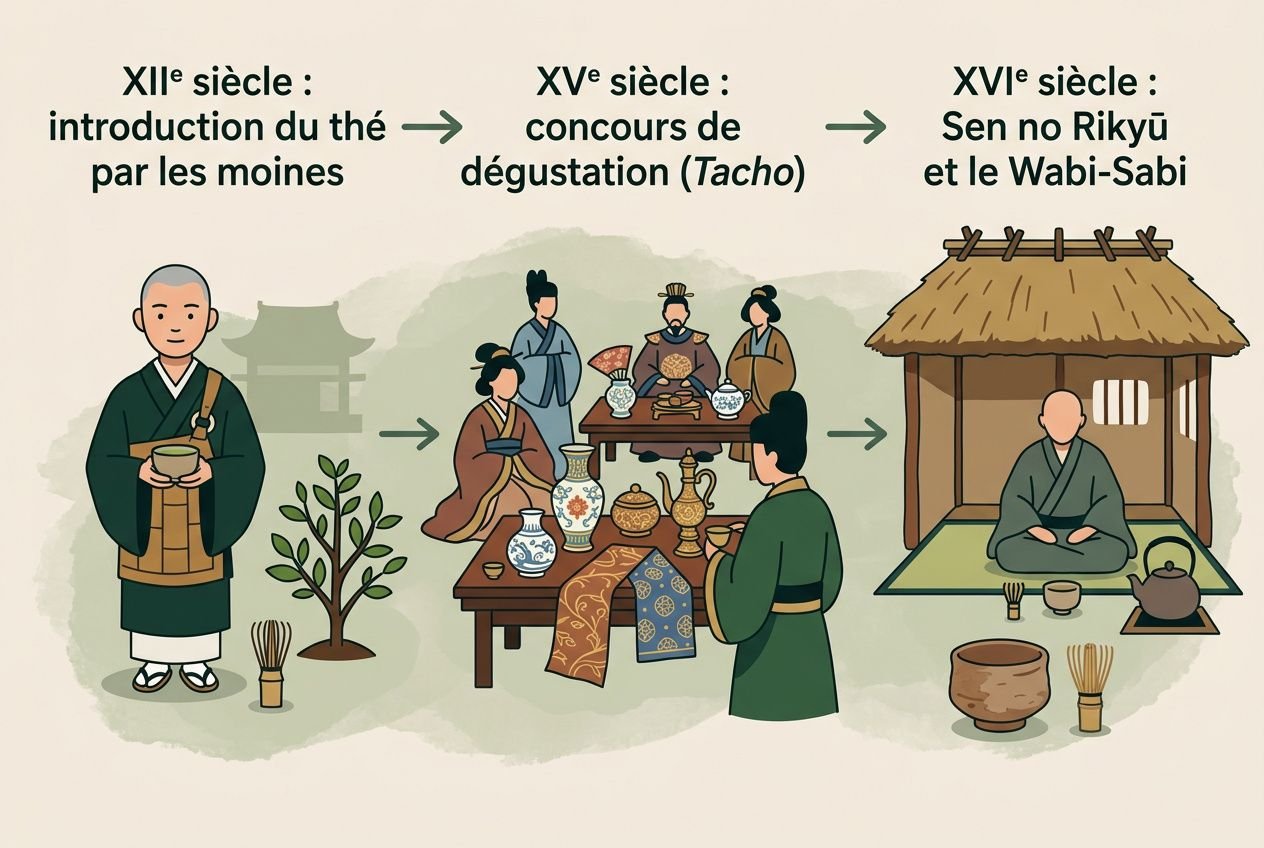 Illustration montrant l’évolution d’une cérémonie du thé japonaise: introduction par des moines, dégustation avec táchō, puis le rituel final dans une maison de thé, avec les 4 principes du thé évoqués.
