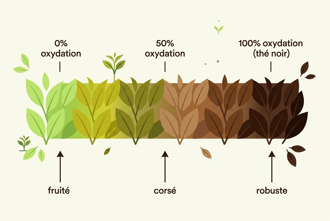 Illustration montrant l’évolution des feuilles de thé lors des étapes d’oxydation: 0% oxydation à gauche, 50% au milieu et 100% oxydation (thé noir) à droite, avec labels fruité, corsé et robuste. intégration: étapes de l'oxydation du thé noir.