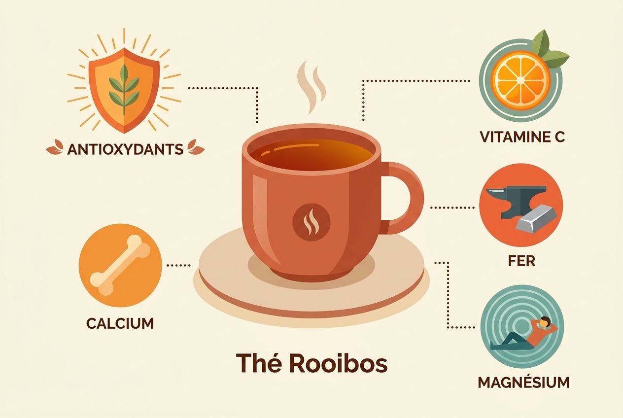 Infographie montrant une tasse de thé rooibos entourée d’icônes: antioxydants, vitamine C, fer, magnésium et calcium, avec texte Tha Rooibos.