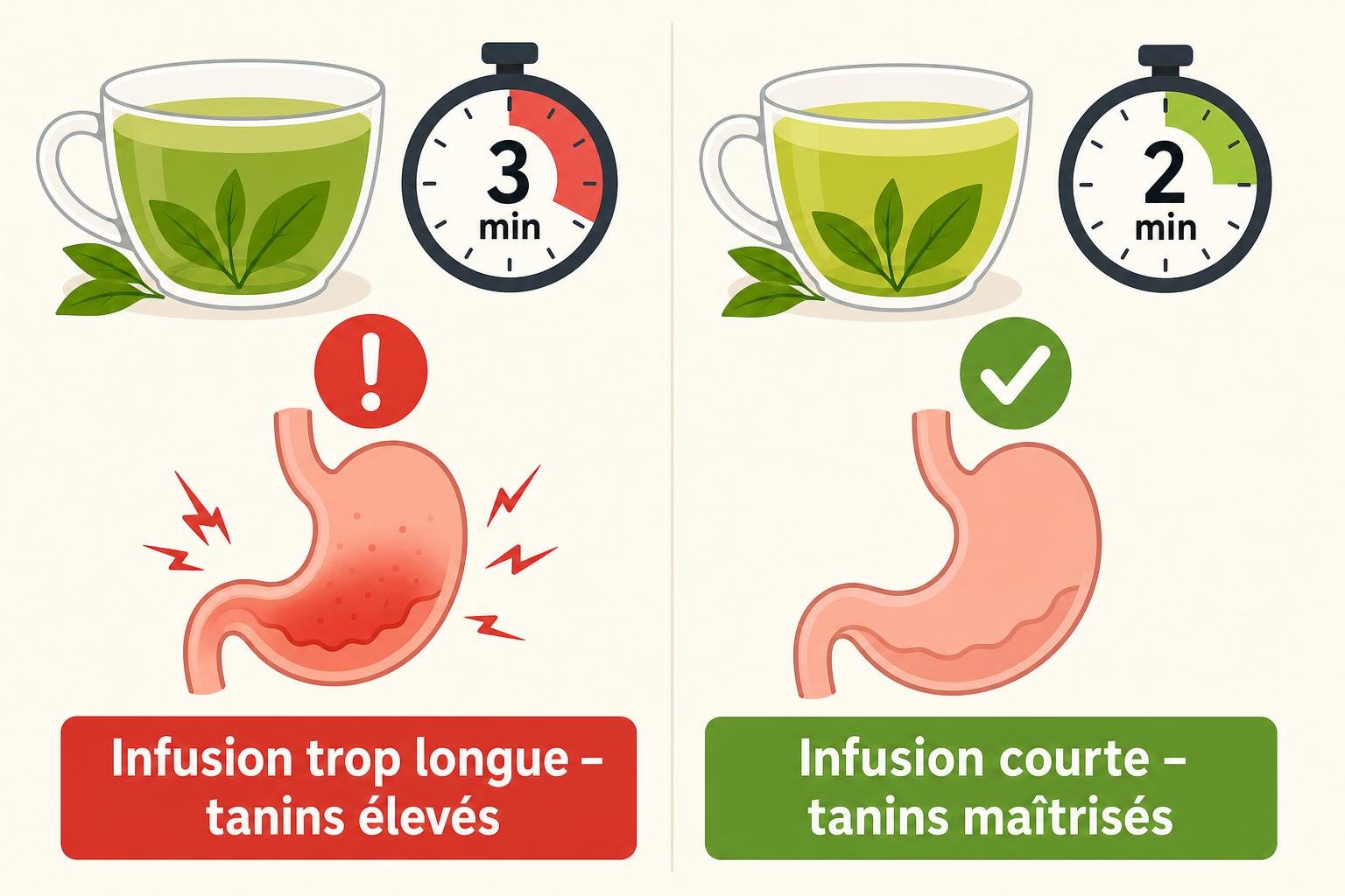Infographie sur thé vert de chine dangereux: deux schémas d’infusion, 3 min avec infusion trop longue et 2 min pour infusion courte, montrant douleur stomale et organes; avertissement sur tanins élevés vs maîtrisés.