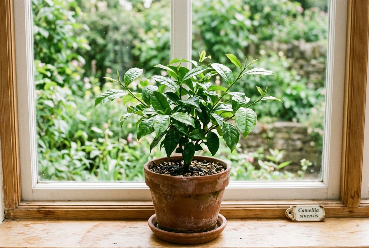 Petit théier en pot sur une reborde de fenêtre, prêt à cultiver thé maison jardin.