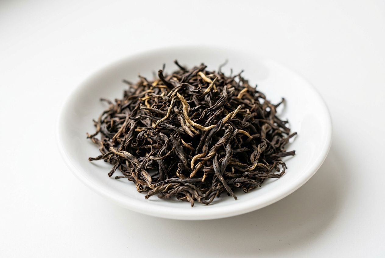 Petites feuilles de thé noir Keemun sèches dans une cuvette blanche, présentant une couleur sombre et des tenuées légèrement dorées. Qu'est ce que le thé keemun ?