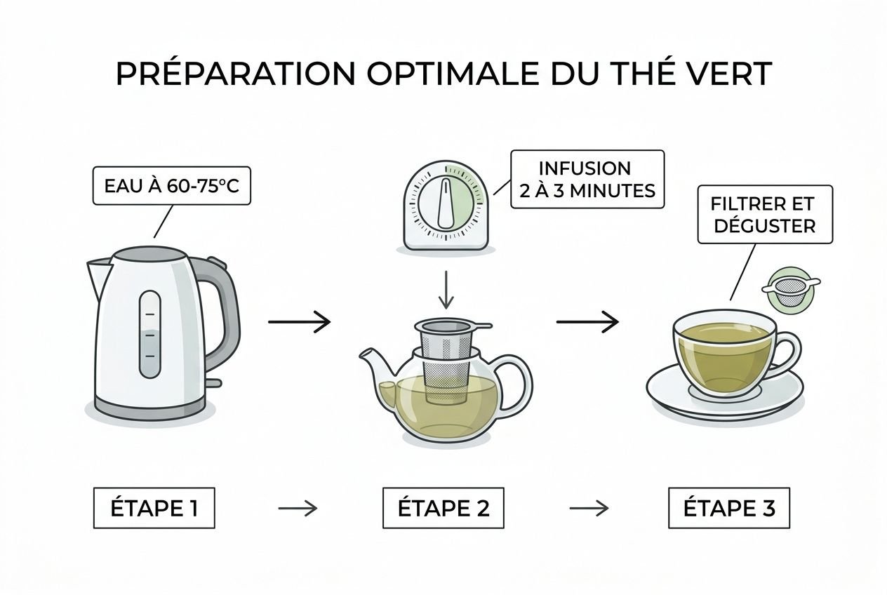 Préparation optimale du thé vert: infusion 2 à 3 minutes, filtration puis dégustation. Étape 1: eau à 60–75°C dans une bouilloire. Étape 2: infusion dans une théière. Étape 3: thé vert prêt à déguster. pourquoi le thé vert est bon pour la santé intégrant le mot-clé.