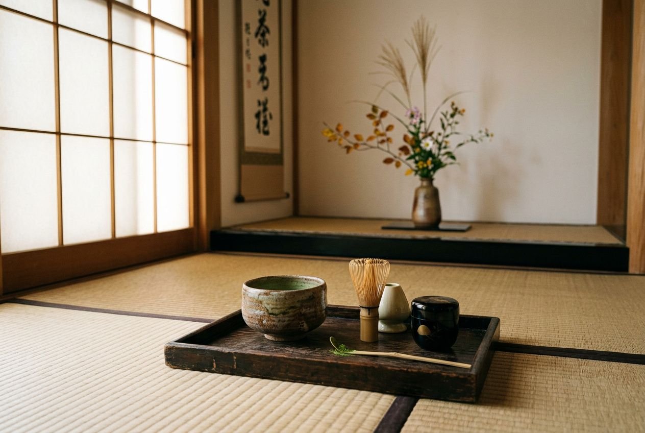 Présentation sobre d’un espace de cérémonie du thé japonais avec ustensiles sur un plateau en bois: les 4 principes du thé évoqués par le cadre zen.