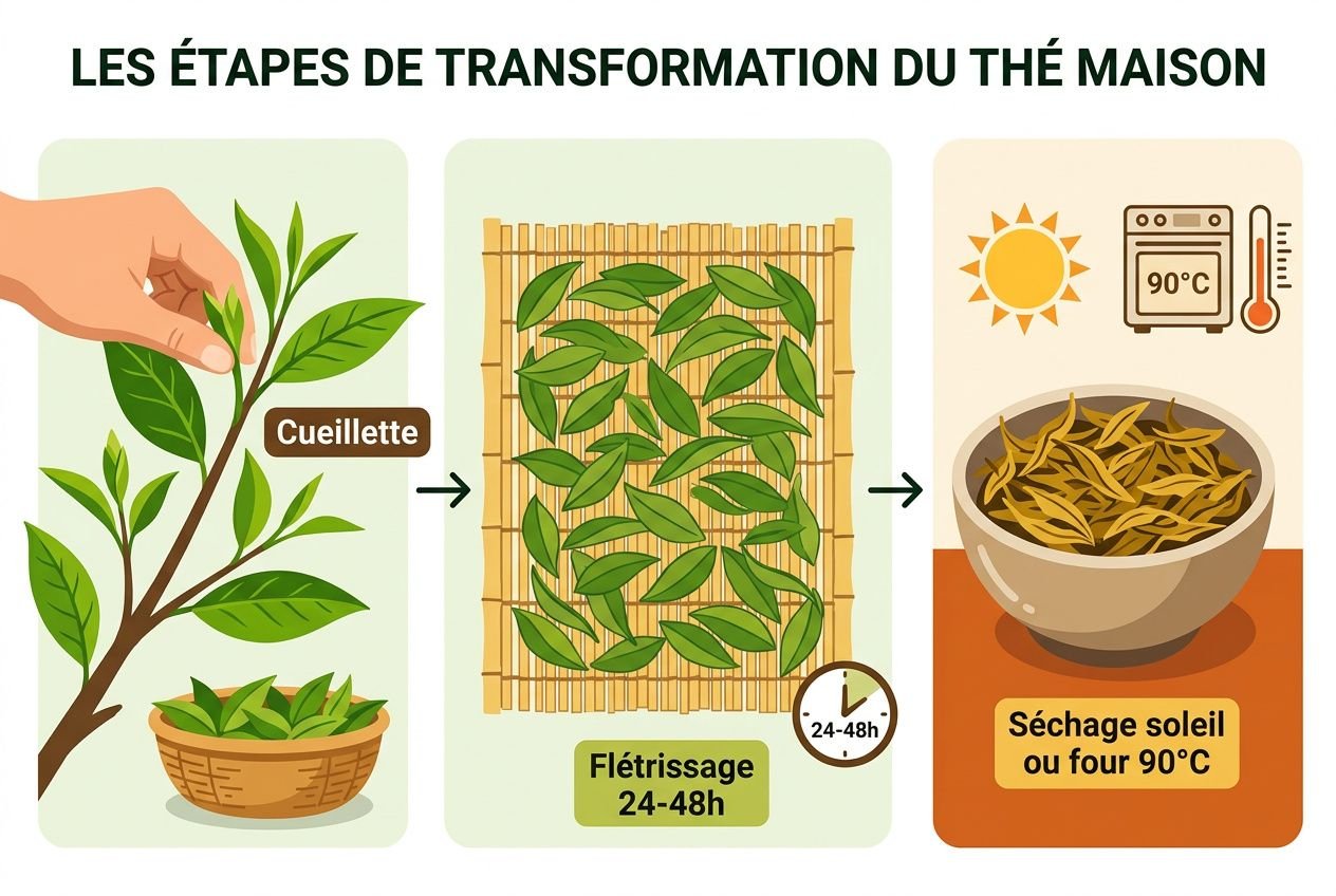 Processus illustré: récolte des feuilles de thé, séchage et utilisation du théier pour cultiver thé maison jardin.