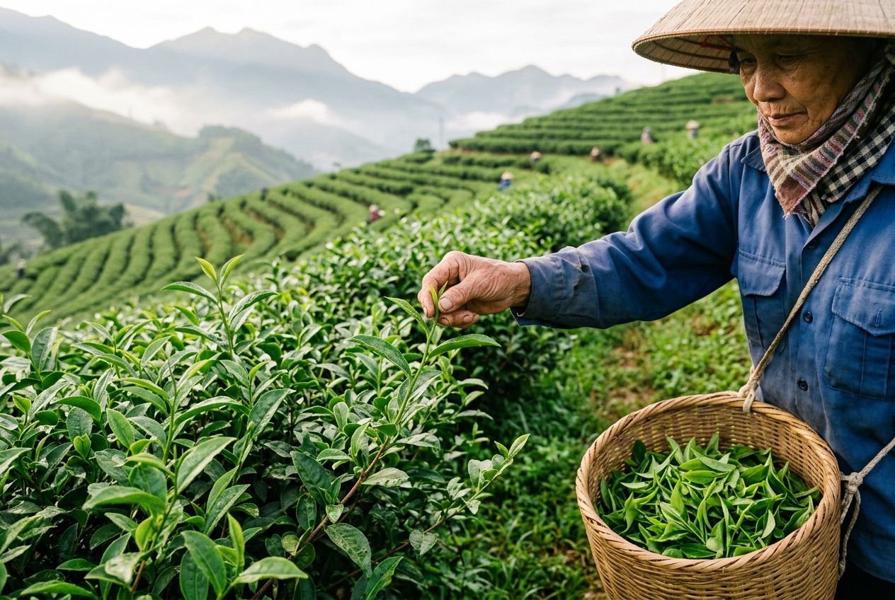 Profil d’un cueilleur dans une plantation de thé en montagne, récoltant des feuilles vertes dans un panier. Étapes de l’oxydation du thé noir évoquées.