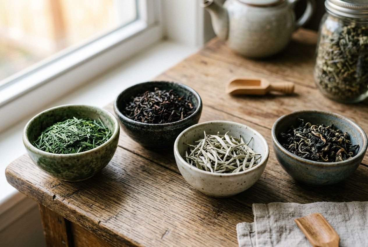 Quatre bols de thé assortis (vert, noir, blanc et parfumé) disposés sur une table en bois près d'une fenêtre. intégré: comment bien choisir son thé