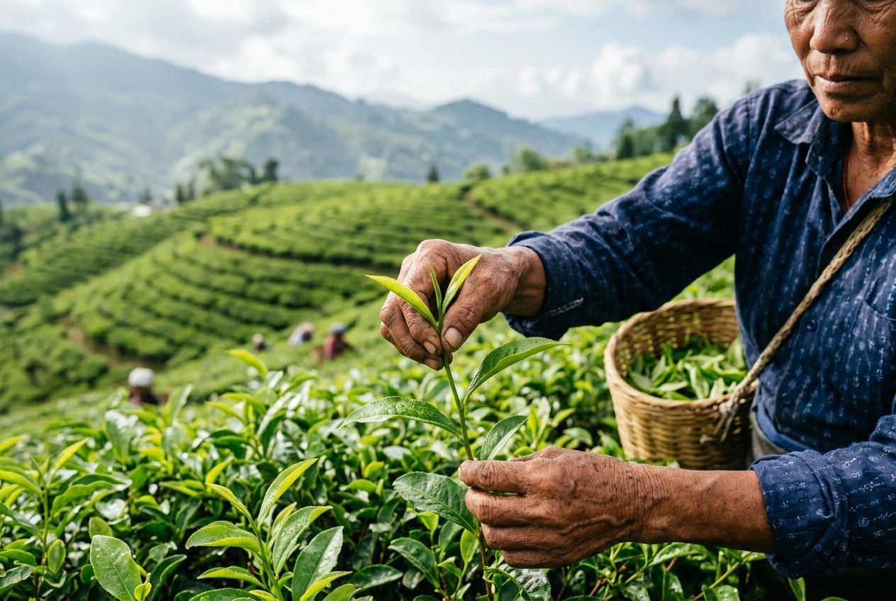 Récolte de feuilles de thé par une main agricole dans un paysage vallonné, illustration des premières étapes de fabrication du thé vert.