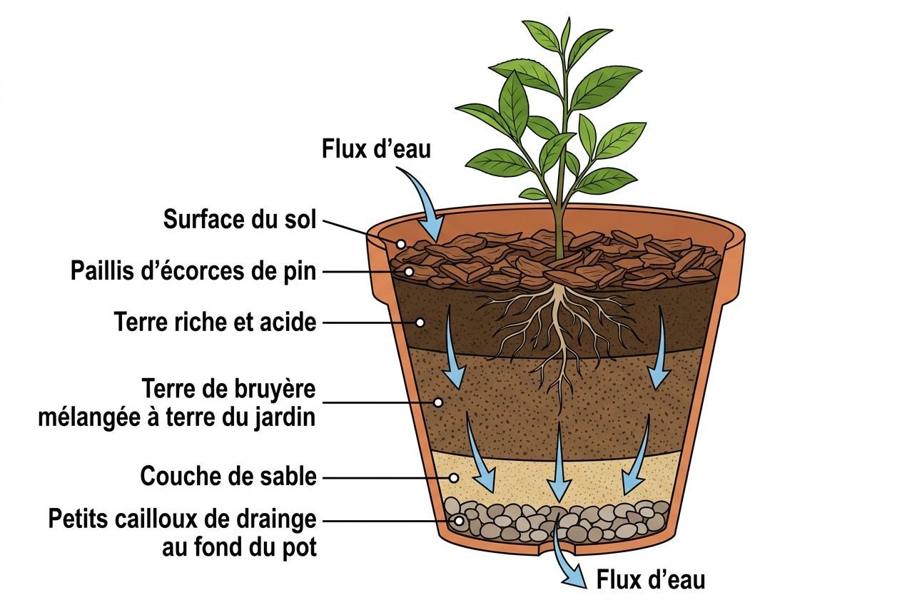 Schéma pédagogique montrant les couches du sol et les racines d’un théier en pot, avec flux d’eau et labels des couches. Cultiver thé maison jardin.