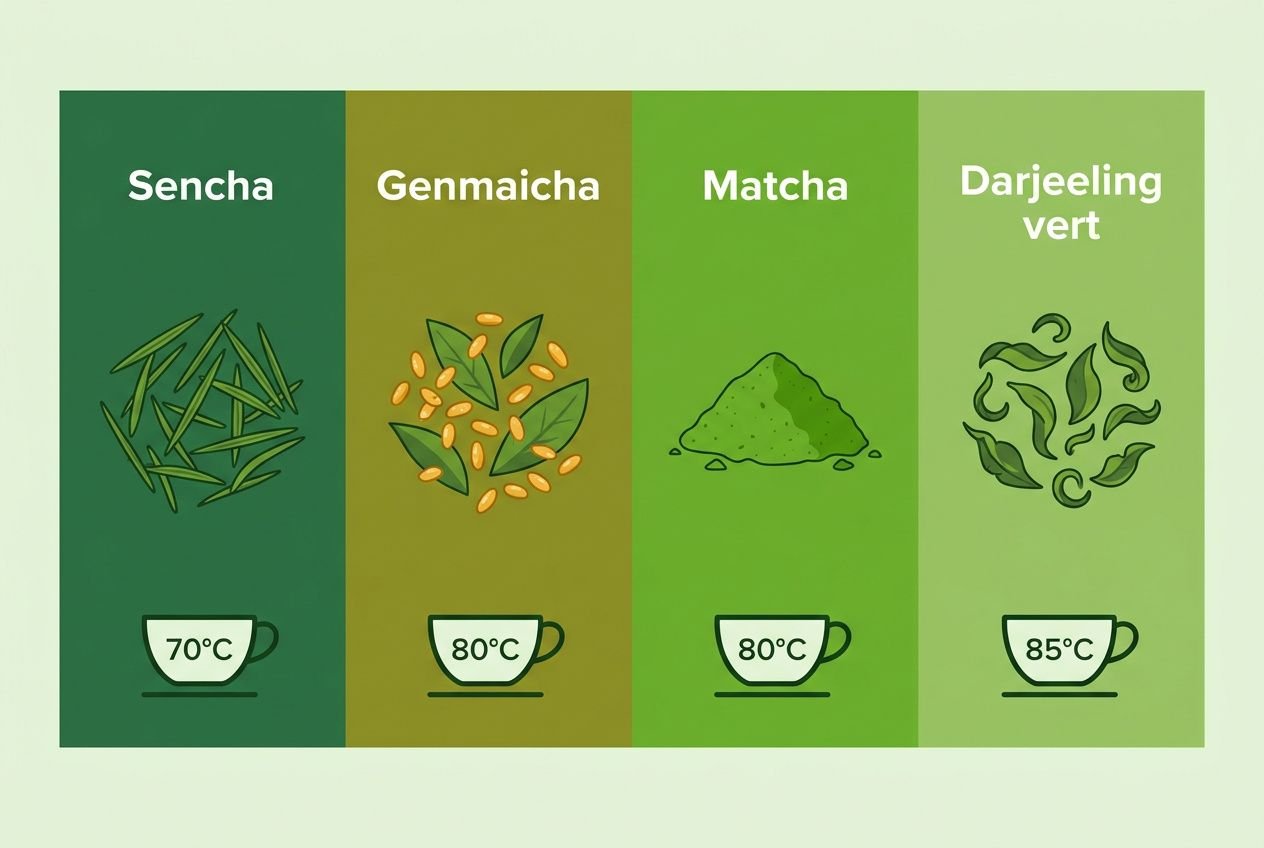 Sélection de thés verts: Sencha, Genmaicha, Matcha et Darjeeling vert, avec leurs températures d’infusion respectives (70°C, 80°C, 80°C et 85°C). Meilleur thé vert au monde.