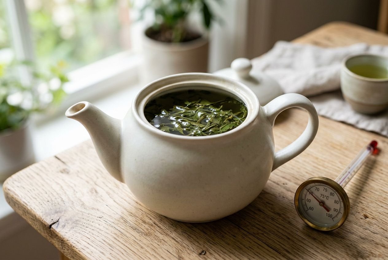 Teapot infusing green tea with mint, thermometre showing optimal brewing temp, natural ambiance prêt à améliorer le goût du thé vert
