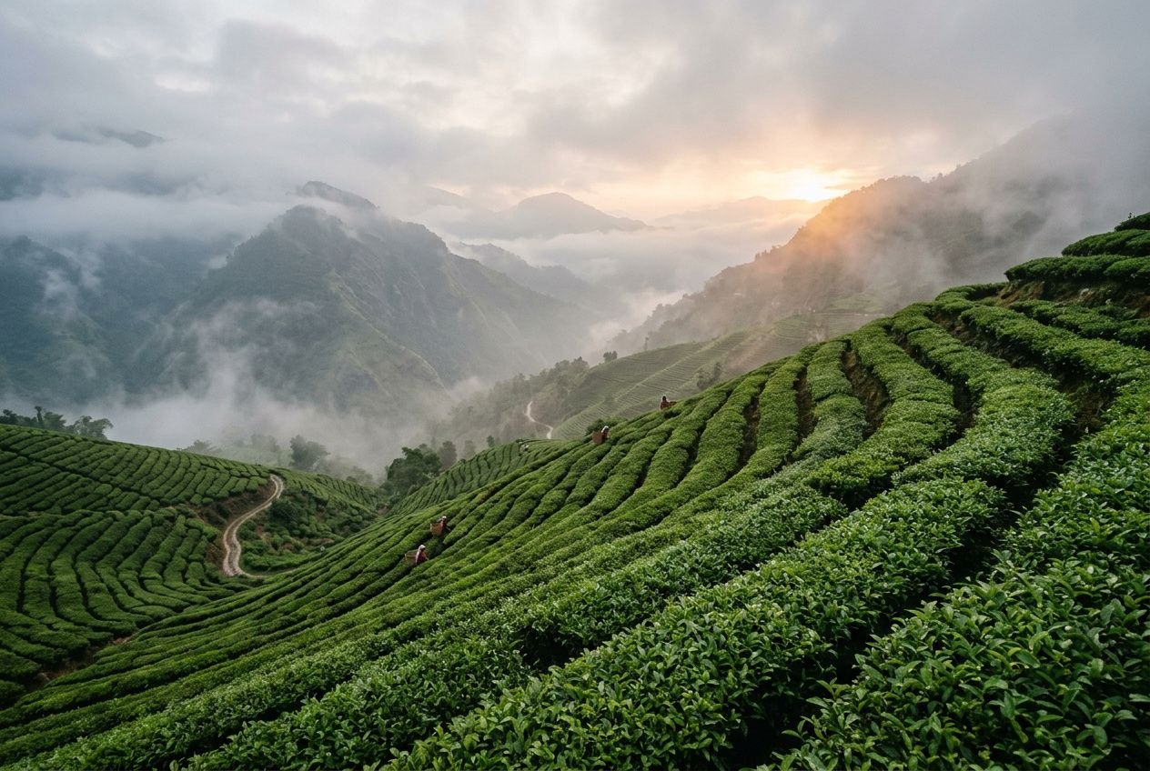 Terrasses de thé verdoyantes en montagne enveloppées de brume au lever du soleil, témoignage de l’influence du terroir sur le goût du thé.
