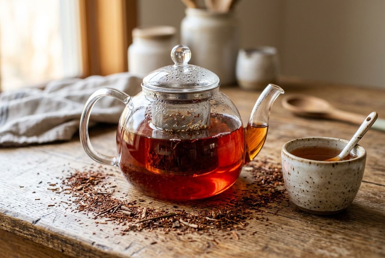Thé rooibos rouge dans une théière avec tasse, sur une table en bois, extrait et feuilles autour, évoquant rooibos et hypertension.