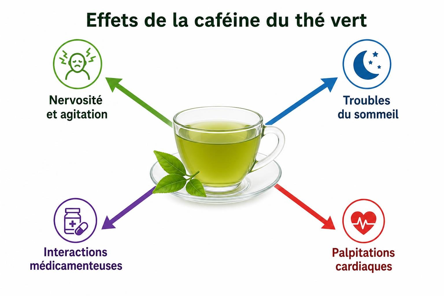Thé vert de chine dangereux : illustration d'une tasse de thé vert entourée de flèches colorées indiquant stress, troubles du sommeil, interactions médicamenteuses et palpitations cardiaques.