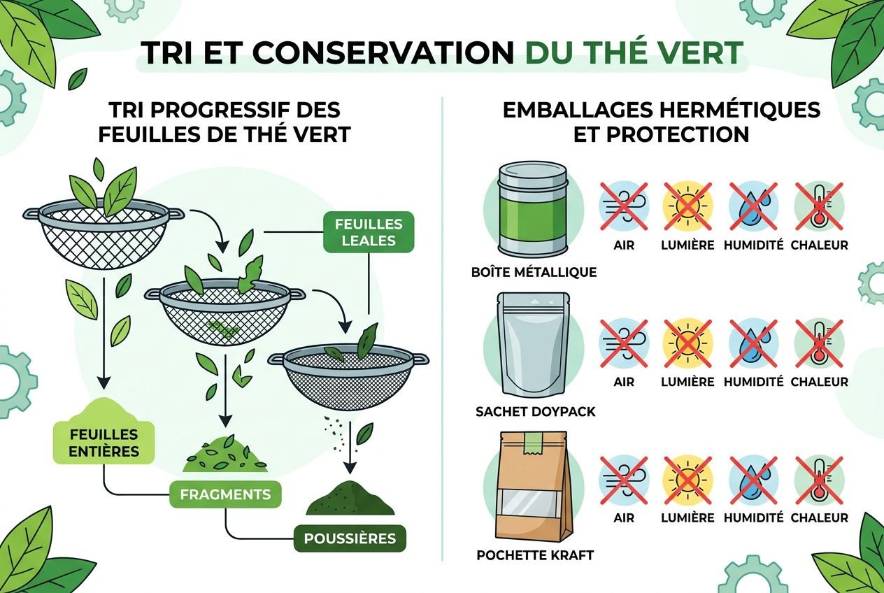 Tri et conservation du thé vert: étapes visuelles, feuilles entières, fragments et poussières, montrant le processus de fabrication et l’emballage hermétique protégeant de l’air, lumière, humidité et chaleur.