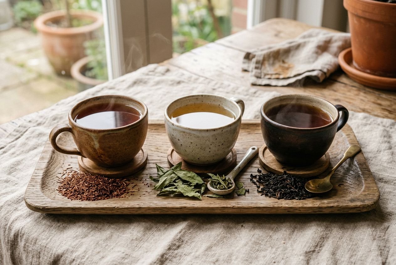 Trois tasses d’infusion sur planche en bois avec feuilles et ingrédients autour; comparaison des goûts et origines du rooibos et des tisanes. différene rooibos et tisane subtlemente.